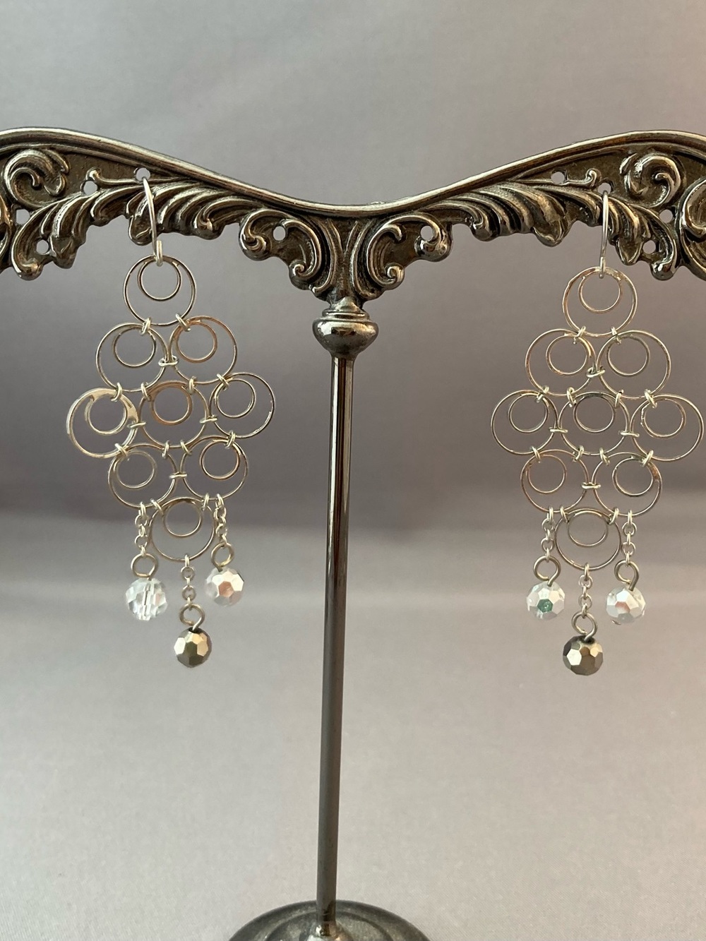 Silver tone metal circles large dangle hanging chandelier earrings
